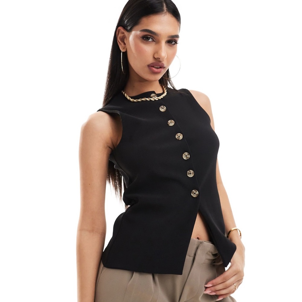 ASOS DESIGN longline button up vest top in black